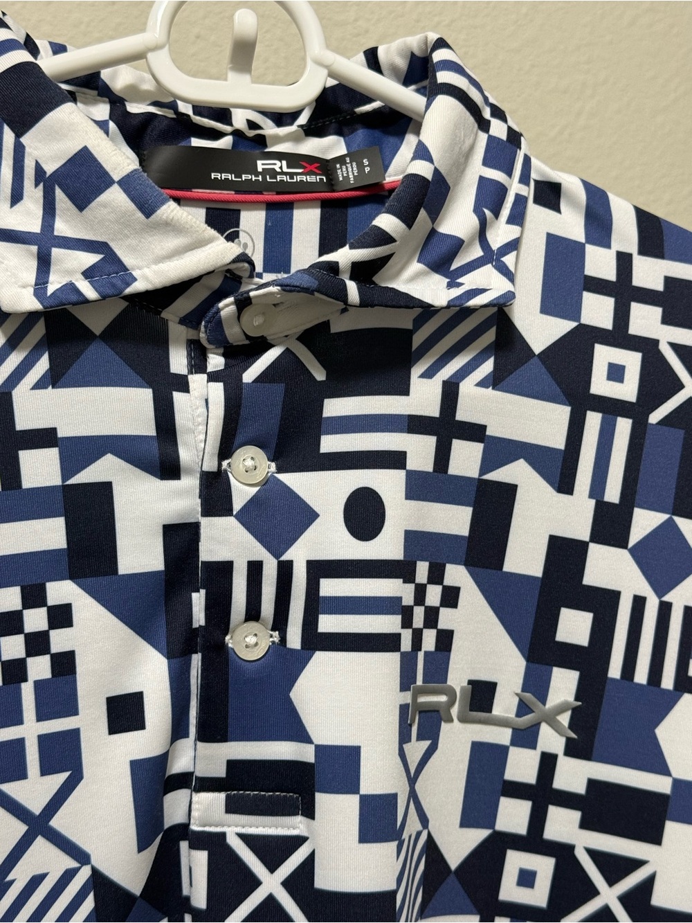 RLX Ralph Lauren Navy & White Geometric Print Polo